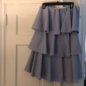 Blue and white striped, strapless dress